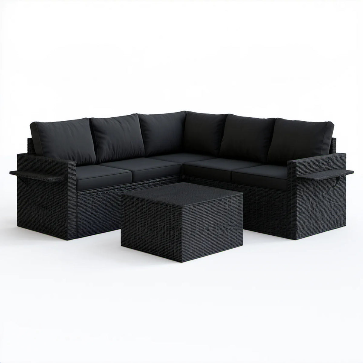 Czarny narożnik z technorattanu 209 x 160 x 60 cm z poduszkami i stolikiem 60 x 60 x 30 cm