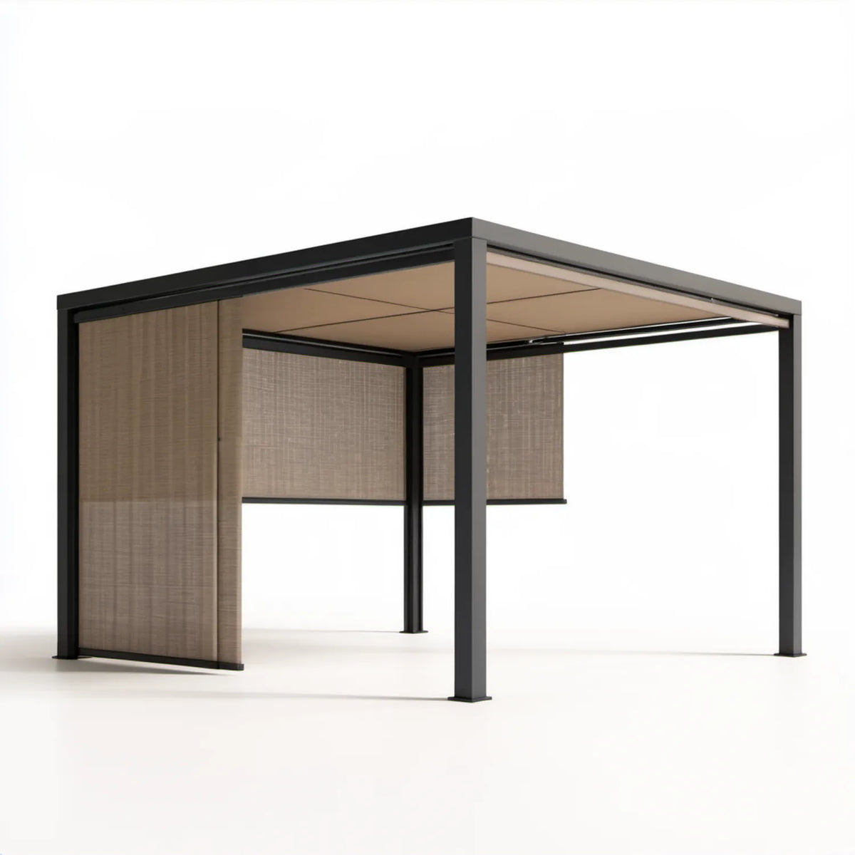 Aluminiowa pergola ogrodowa 300 x 300 x 250 cm antracytowa z beżowym dachem i osłonami bocznymi taupe