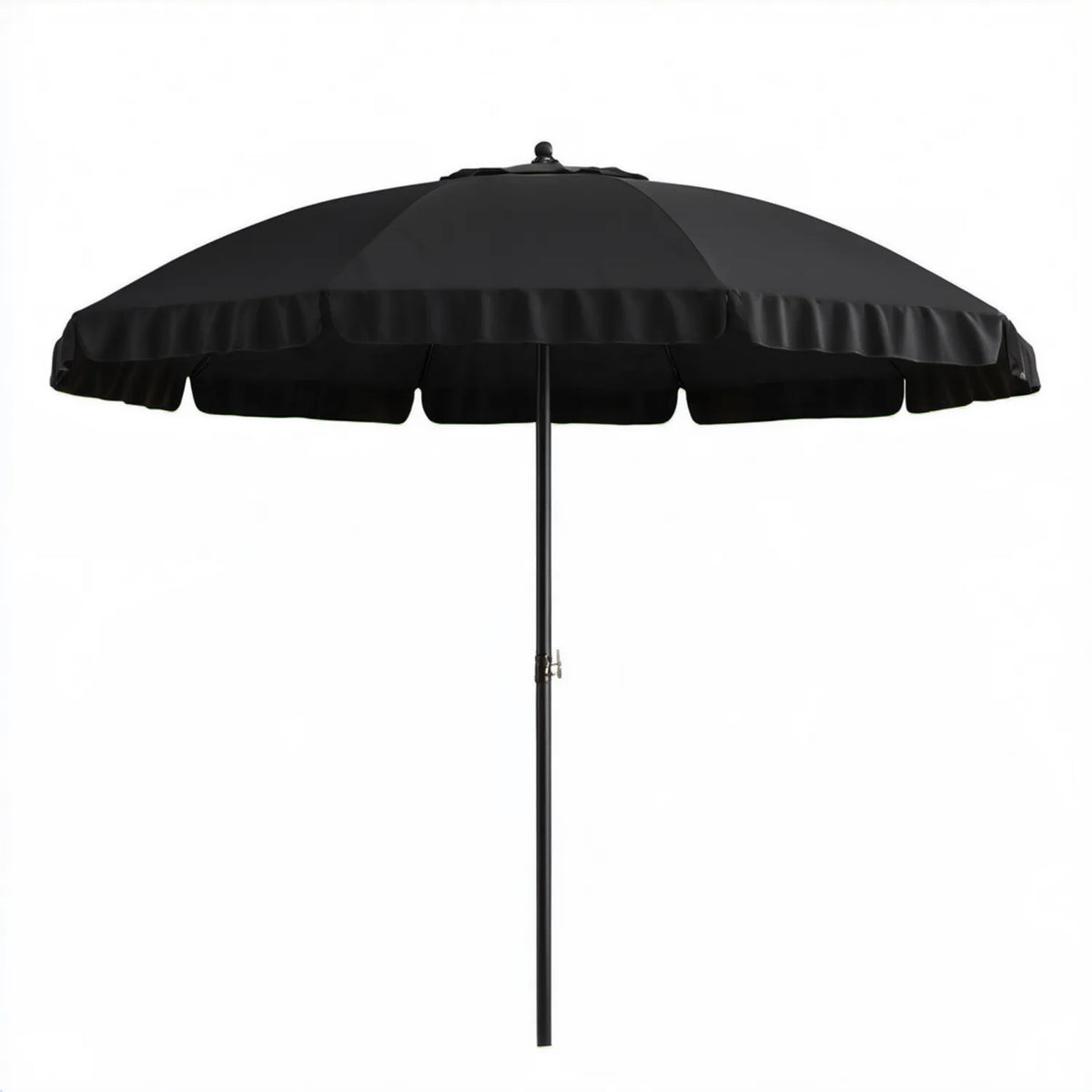 Czarny okrągły parasol ogrodowy z falbaną, Ø 270 cm, wysokość 240 cm